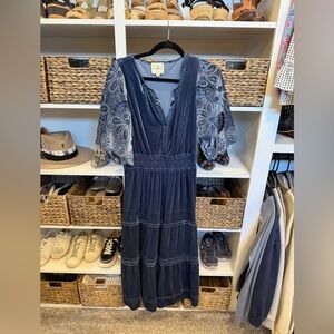 Umgee Navy Velvet Maxi Dress with Embroidered Flutter Sleeves